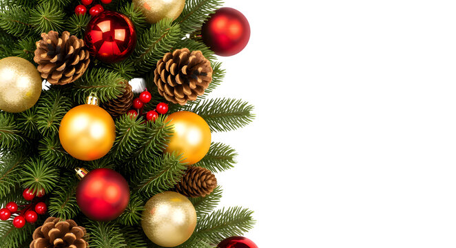 Festive christmas garland border with red and gold ornaments, pine cones, and holly berries Vector, illustration - Powered by Adobe