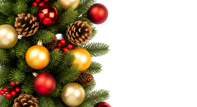 Festive christmas garland border with red and gold ornaments, pine cones, and holly berries Vector, illustration - Powered by Adobe