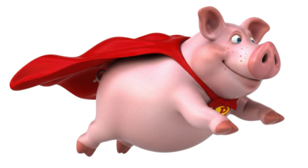Cartoon pig in a red cape flying like a superhero isolated PNG with Transparent Background
