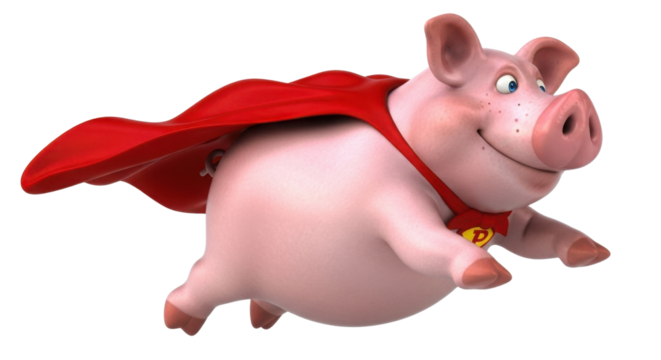 Cartoon pig in a red cape flying like a superhero isolated PNG with Transparent Background