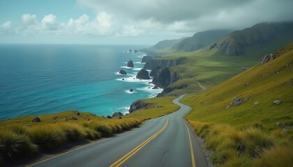Scenic view of coastal road with turquoise water and green hills under sky. Ocean meets rocky cliff shore. Car trip on seaside highway with island nature panorama. Adventure awaits ahead.