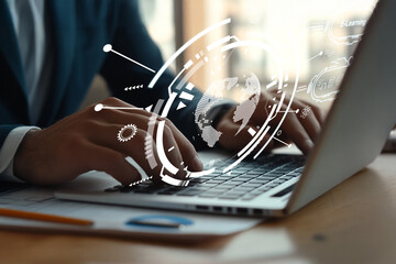 Hands typing on laptop with futuristic digital elements symbolizing technology, online learning, and global communication in modern workspace
