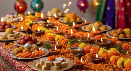 Celebrate Diwali with traditional sweets and glowing diyas, creating a warm, inviting ambiance perfect for festive gatherings and cultural celebrations.