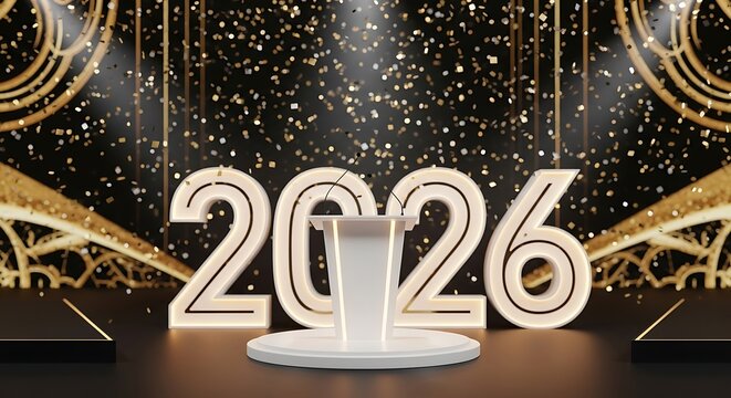 Illuminated 2026 numbers stand tall on a white pedestal with golden confetti falling in a dramatic stage setting with spotlight and bokeh lights - Powered by Adobe