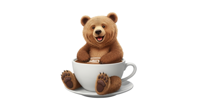 Cute bear sitting in a coffee cup isolated PNG with Transparent Background
