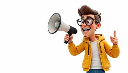 Naklejka premium Cartoon character guy with glasses wears yellow jacket, holding megaphone. He points finger up, speaks loudly, announcing news. Cheerful person offers service.