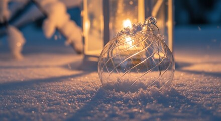Magical winter scene with a glowing glass ornament and lantern nestled in fresh snow, perfect for holiday cards and cozy seasonal designs