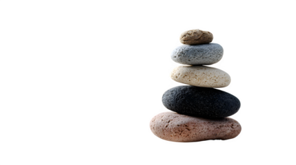 Balanced stack of smooth stones in a tranquil setting, 35mm f/5.6 capture with soft natural daylight, sharp texture details and gentle shadows isolated on white background