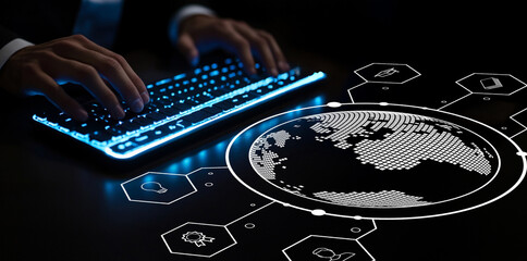 Hands typing on a glowing keyboard with digital globe and connected technology icons, representing global connectivity and modern information exchange