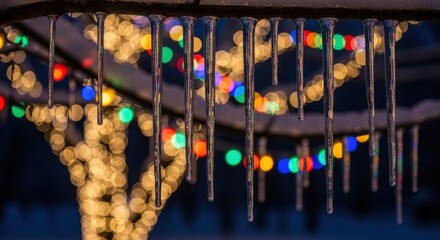 Frozen icicles illuminated by vibrant festive lights at night