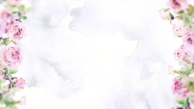 Soft watercolor pink roses frame a bright wedding background, perfect for romantic intros, invitations, and elegant celebration footage