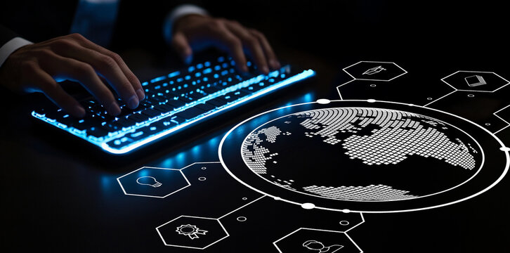 Hands typing on a glowing keyboard with digital globe and connected technology icons, representing global connectivity and modern information exchange