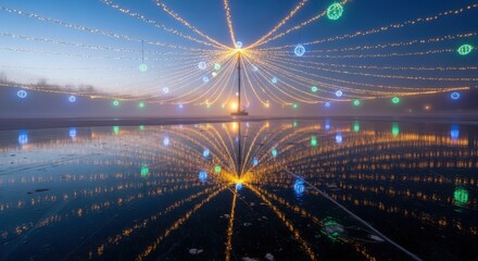 Magical winter wonderland reflecting vibrant holiday lights on glistening ice, creating a stunning festive atmosphere perfect for seasonal campaigns