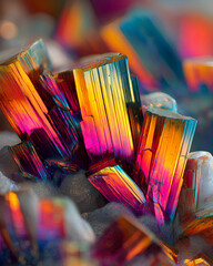 Obraz premium Macro shot of colorful mineral crystal with ultra sharp details vibrant rainbow refraction and intricate fractal geometry under soft diffused lighting 