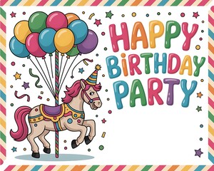 Fototapeta premium Whimsical unicorn carousel horse with colorful balloons and festive happy birthday party text illustration