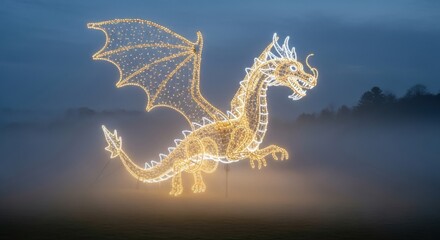 Enchanting light sculpture of a dragon glowing in the fog, a mystical holiday display, fantasy lights with ethereal fog in the background at twilight
