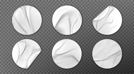 Glued round stickers set isolated on transparent background. Vector realistic illustration of empty patches with wrinkled surface and peeled edges, blank sale label, crumpled price tag, crease texture