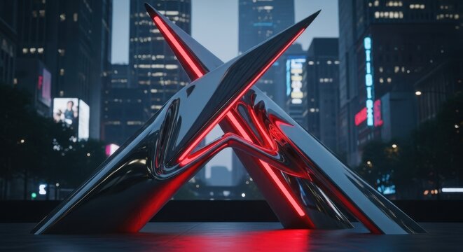 Dynamic cityscape sculpture with vibrant red neon glows at night, modern urban art installation with striking lines for branding, technology, and design visuals