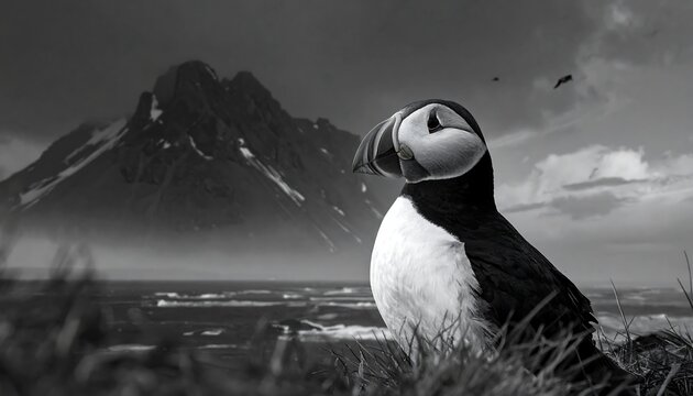 A monochrome image captures a vibrant puffin perched amidst grass, looking towards a snow-dusted mountain range under a cloudy sky