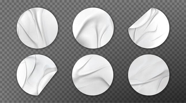 Glued round stickers set isolated on transparent background. Vector realistic illustration of empty patches with wrinkled surface and peeled edges, blank sale label, crumpled price tag, crease texture