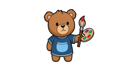 Cute cartoon teddy bear artist holding a paintbrush and color palette isolated PNG with Transparent Background