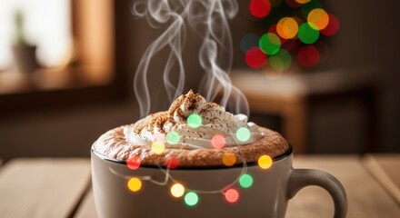 Delightful Christmas cappuccino with whipped cream and festive lights, steaming with warmth for cozy holiday moments and seasonal cheer