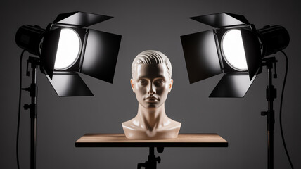 Mannequin head under studio lights on a table in a photography studio setup