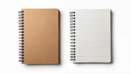 Two spiral notebooks one closed brown cover and one open white lined paper pages. Ready for writing notes sketches or plans. Essential office school supplies for daily planning.