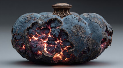 Dust-bound pumpkin relic with ash curls and deep cavity glow on white