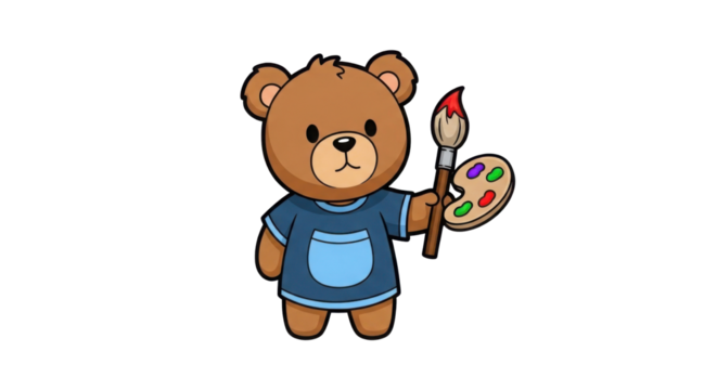 Cute cartoon teddy bear artist holding a paintbrush and color palette isolated PNG with Transparent Background