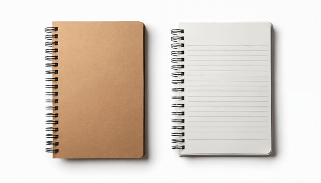 Two spiral notebooks one closed brown cover and one open white lined paper pages. Ready for writing notes sketches or plans. Essential office school supplies for daily planning.