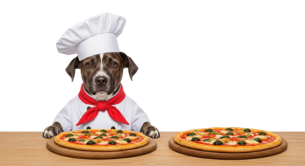 Dog chef in uniform with two pizzas isolated PNG with Transparent Background