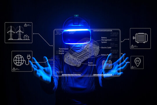 Innovative Virtual Reality Experience for Electric Vehicle Technology with Interactive Displays and Futuristic Interface Elements