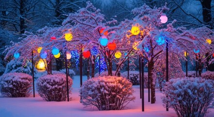 Enchanting winter wonderland scene with snow-covered trees glowing with vibrant Christmas lights, perfect for holiday promotions or magical winter campaigns