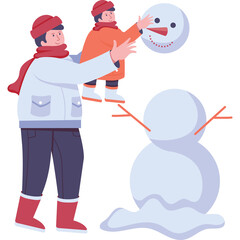 Father And Child Building A Snowman Outdoors In The Snow Wearing Winter Clothes Enjoying A Fun Activity Together