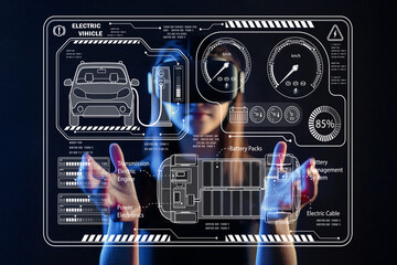 Futuristic Electric Vehicle Dashboard Interface with User Interaction and Digital Display for Automotive Technology Visualization