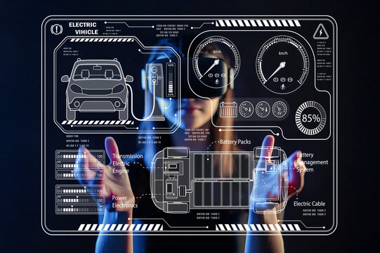 Futuristic Electric Vehicle Dashboard Interface with User Interaction and Digital Display for Automotive Technology Visualization