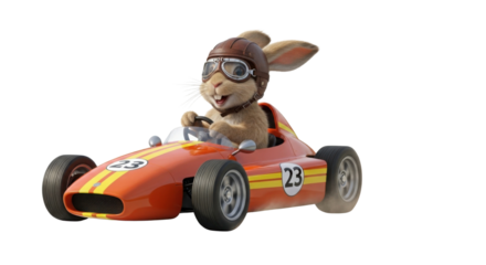 Rabbit in red race car with number 23 isolated PNG with Transparent Background