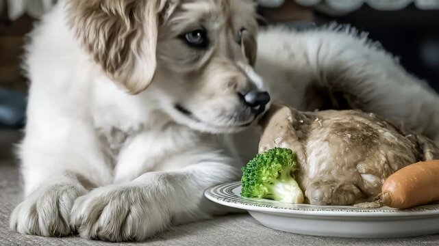 Puppy Eating Turkey and Vegetables