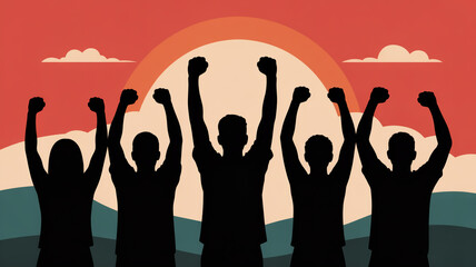Silhouettes of people raising their fists in protest against sunset background