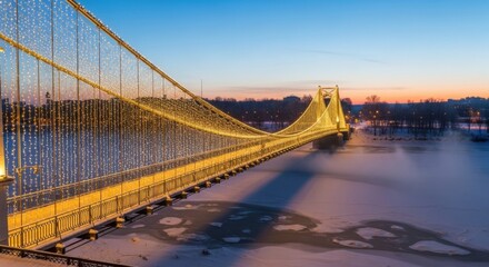 Golden Illuminated Bridge Over Icy Winter Water at Dusk