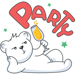 A cheerful white cartoon bear reclines holding a sparkling drink with the word Party in bold red letters above against a transparent background with green stars