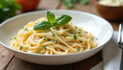 Creamy spaghetti with fresh basil leaves and chopped parsley served in white bowl on rustic wood table. Delicious italian pasta with parmesan cheese garnish.
