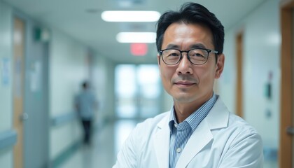 Asian doctor in hospital. Man wears white coat, glasses, striped shirt. Stands in clinic hall. Professional healthcare worker with copy space. Expertise and medical care.