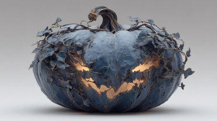 Dust-bound pumpkin relic with ash curls and deep cavity glow on white