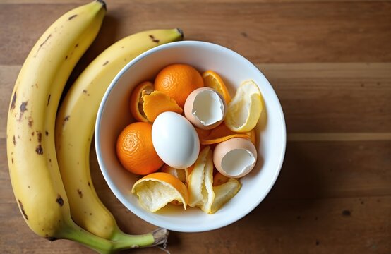 Bowl filled with banana peels, orange rinds, and eggshells for composting. Kitchen waste prepared for natural fertilizer on wood surface. Eco friendly gardening concept.