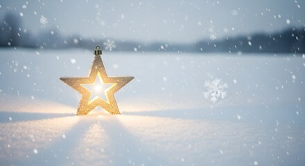 Glowing golden Christmas star lantern on snowy blue landscape with soft falling snowflakes creating a calm magical winter holiday scene