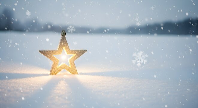 Glowing golden Christmas star lantern on snowy blue landscape with soft falling snowflakes creating a calm magical winter holiday scene