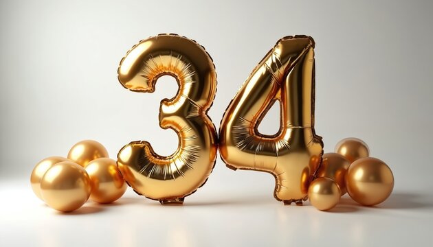 Golden foil balloons form the number thirty four on white background. Round golden spheres surround number balloons. Festive display for celebration or event.