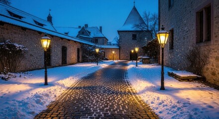 A charming winter wonderland path illuminated by warm lamplight